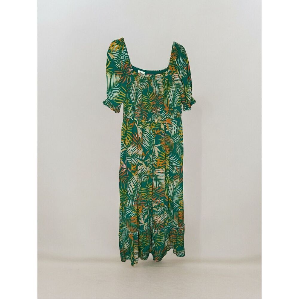 Betsey Johnson XL Maxi Dress Square Neck Puff Sleeves Tropical Pepper Green - Picture 2 of 9